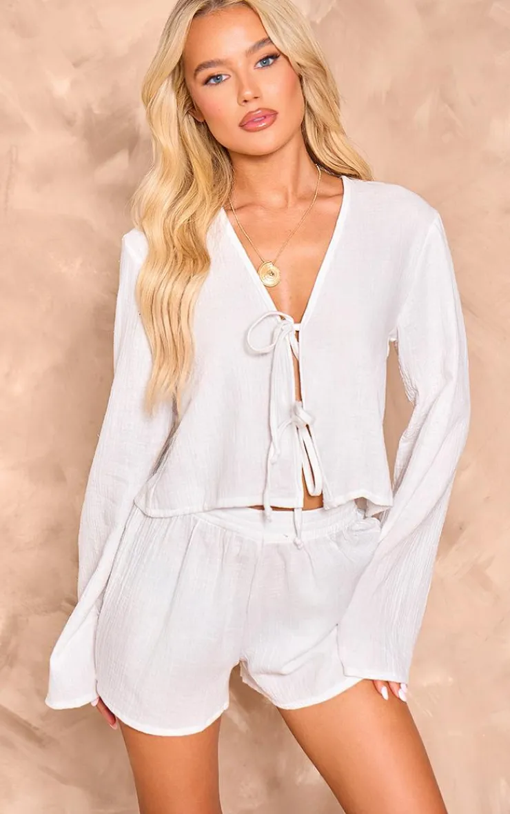 Sale PrettyLittleThing Cheesecloth Shorts White