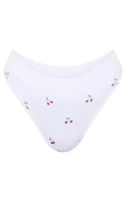White Cherry Print Ribbed Thong