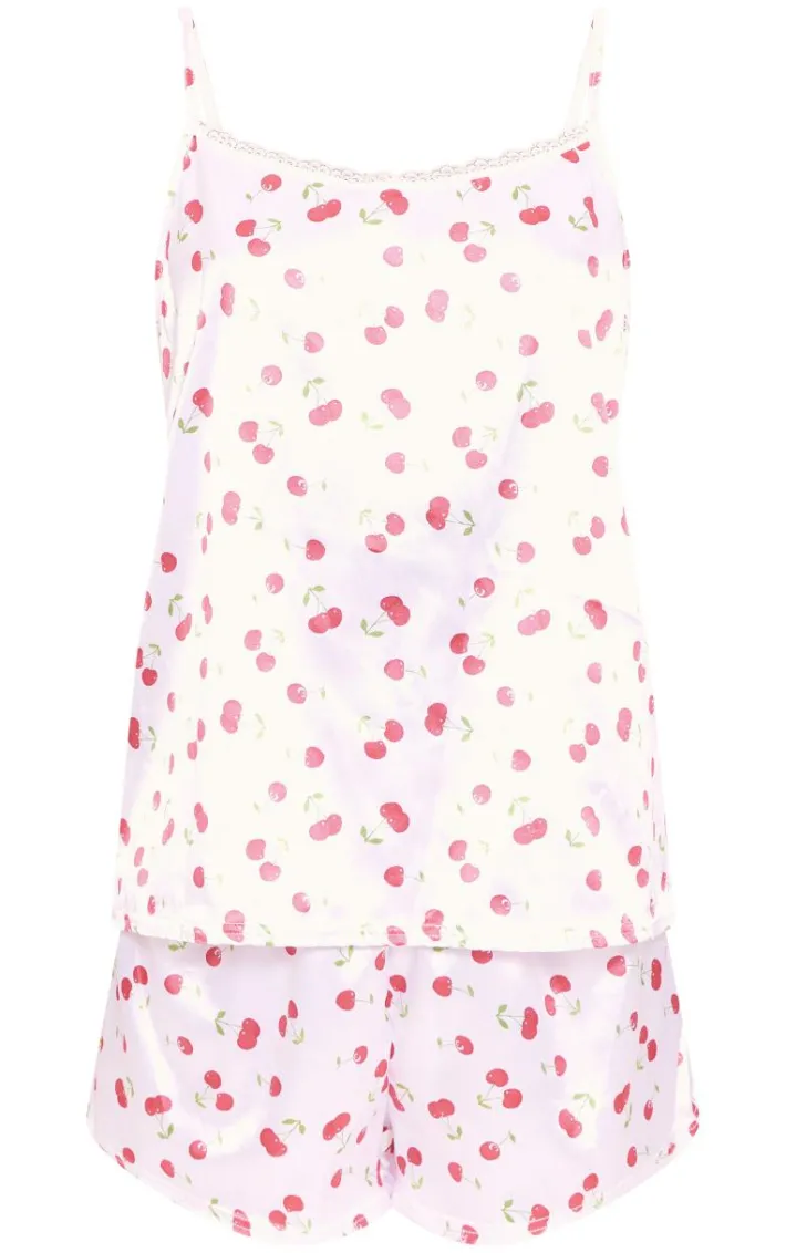 White Cherry Print Satin Cami Short PJ Set