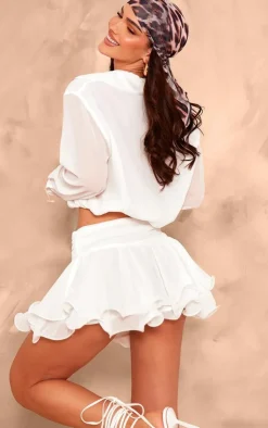 Clearance PrettyLittleThing Chiffon Elastic Waist Long Sleeve Shirt White