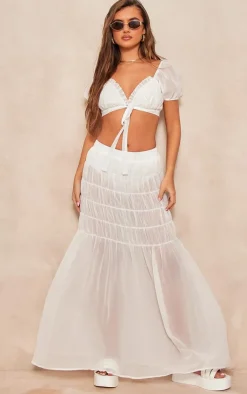 Sale PrettyLittleThing Chiffon Shirred Tier Waist Maxi Skirt White