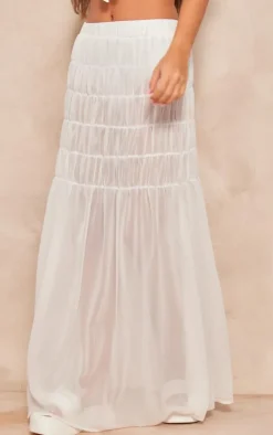 Sale PrettyLittleThing Chiffon Shirred Tier Waist Maxi Skirt White
