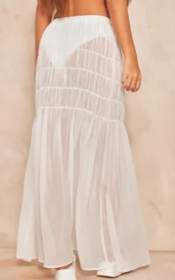 Sale PrettyLittleThing Chiffon Shirred Tier Waist Maxi Skirt White