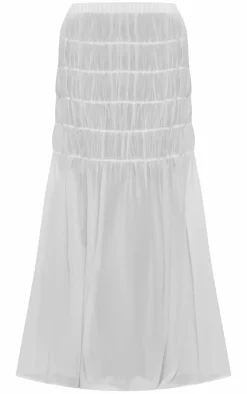 Sale PrettyLittleThing Chiffon Shirred Tier Waist Maxi Skirt White