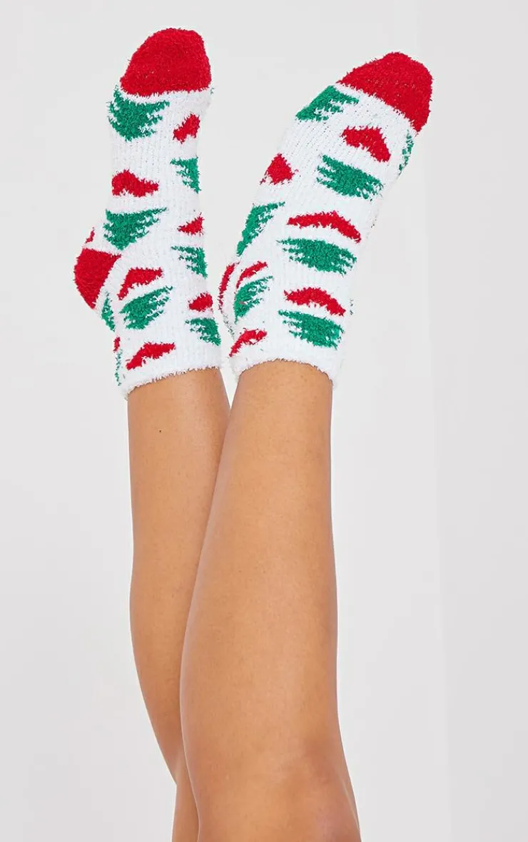 PrettyLittleThing Socks*Christmas Tree Print Fluffy Sleep Socks