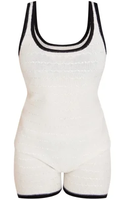 White Contrast Binding Crochet Knit Romper