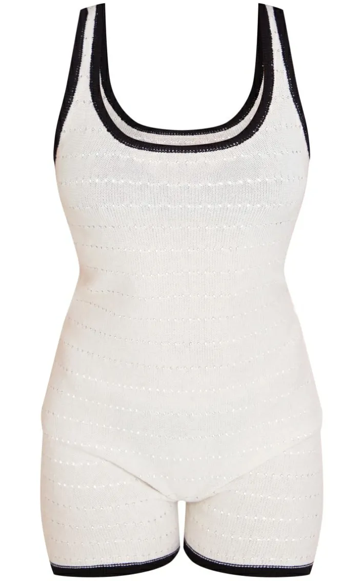 White Contrast Binding Crochet Knit Romper