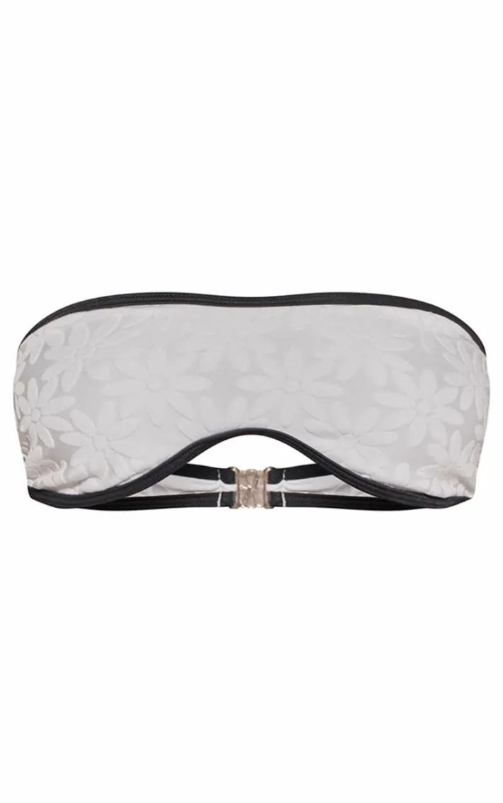 White Contrast Binding Flower Towelling Bandeau Bikini Top