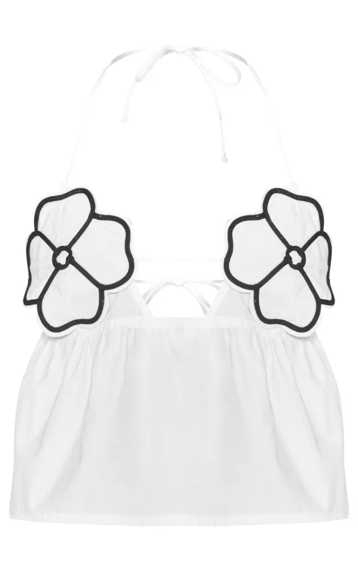 White Contrast Flower Bust Strappy Peplum Crop Top