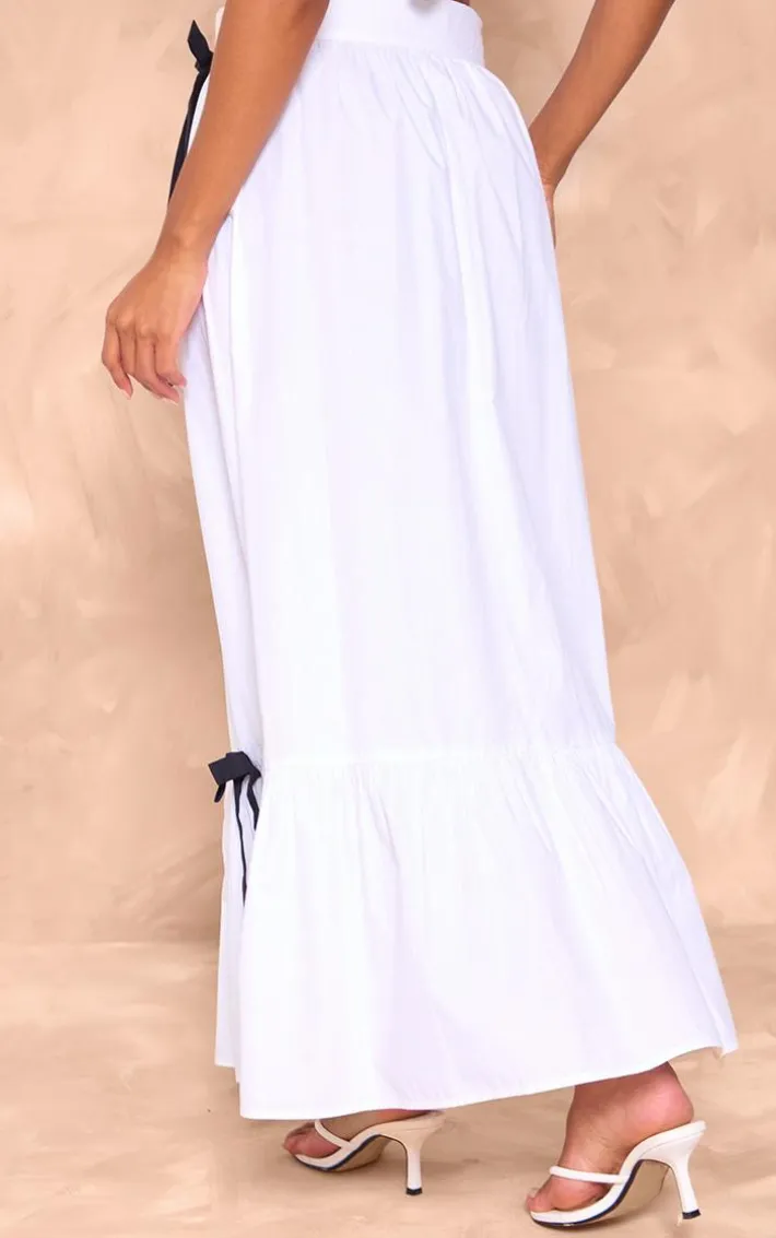 White Cotton Poplin Bow Detail Maxi Skirt