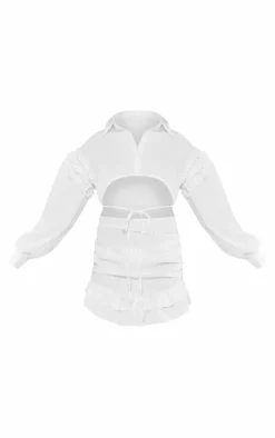 Cotton Poplin Cut Out Frill Shirt Dress-PrettyLittleThing Outlet