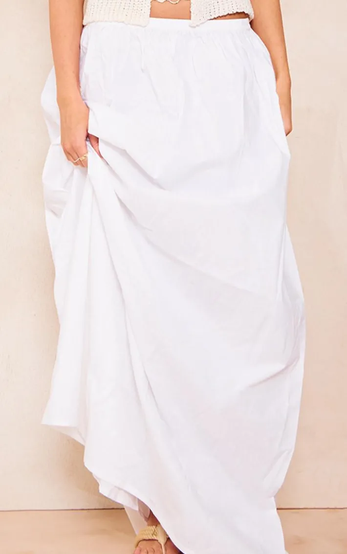 White Cotton Poplin Elasticated Waist Maxi Skirt
