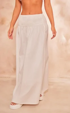 Outlet PrettyLittleThing Cotton Poplin Shirred Waist Floaty Maxi Skirt White