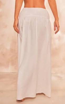 Outlet PrettyLittleThing Cotton Poplin Shirred Waist Floaty Maxi Skirt White