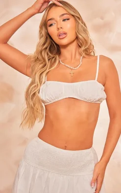 Hot PrettyLittleThing Cotton Poplin Strappy Ruched Bralette White