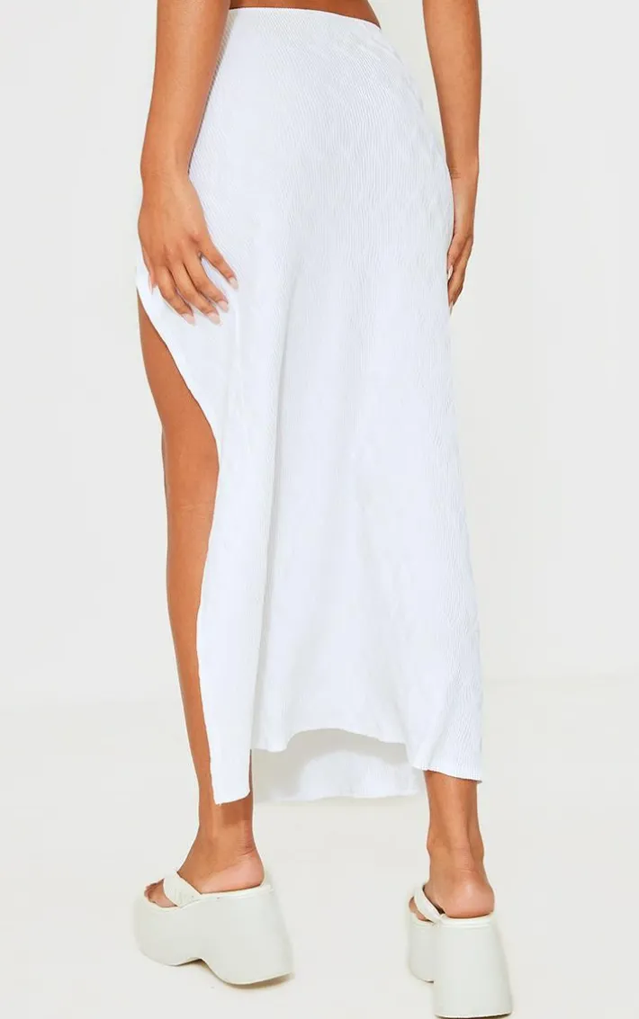 White Crinkle Ring Detail Midaxi Skirt