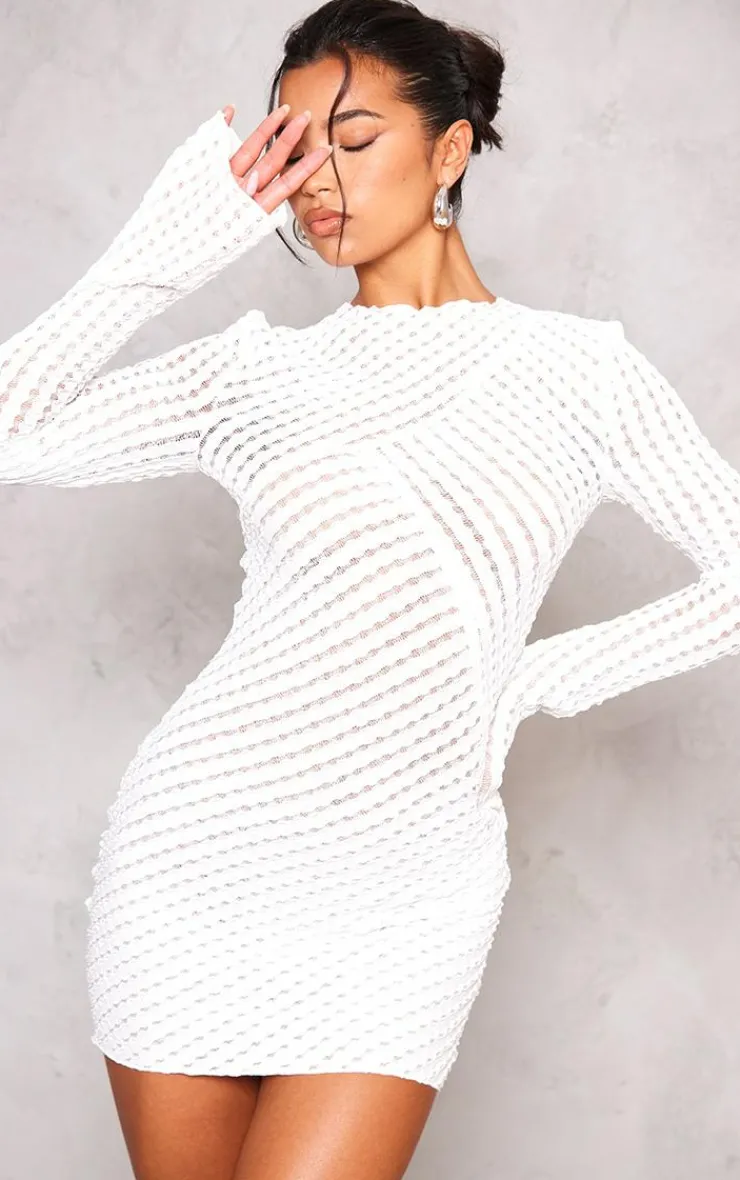 Crinkle Texture Long Sleeve Bodycon Dress-PrettyLittleThing Online