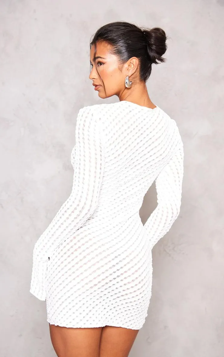 Crinkle Texture Long Sleeve Bodycon Dress-PrettyLittleThing Online