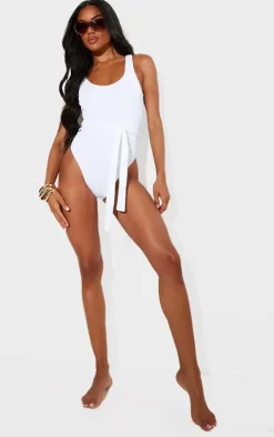 White Crinkle Tie Waist Detail Swimsuit