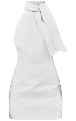 Croc PU Bow Detail Bodycon Dress-PrettyLittleThing Online
