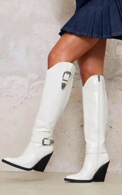PrettyLittleThing Knee High Boots*Croc PU Point Toe High Block Heel Knee High Western Boots