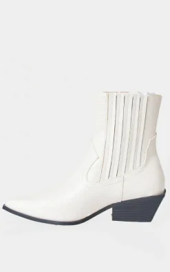PrettyLittleThing Heeled Boots*Croc PU Point Toe Low Block Heel Western Ankle Boots