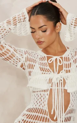 PrettyLittleThing Cardigans*Crochet Knit Front Tie Long Sleeve Cardi