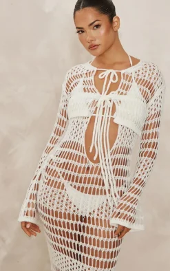 PrettyLittleThing Cardigans*Crochet Knit Front Tie Long Sleeve Cardi