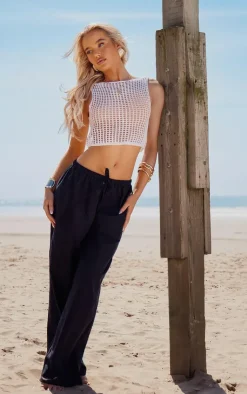PrettyLittleThing Knitted Tops*Crochet Knit Open Back Racer Top