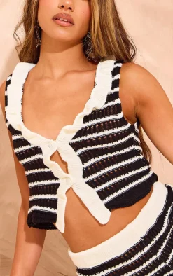 Outlet PrettyLittleThing Crochet Stripe Knit Button Up Vest White