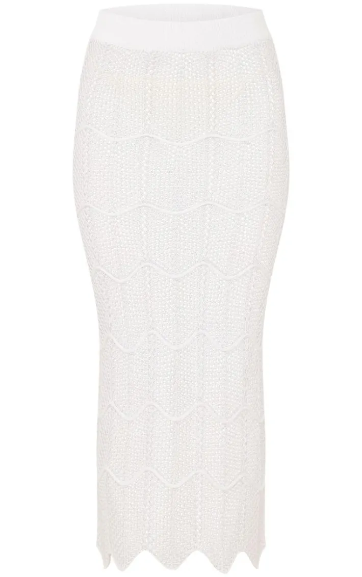 White Crochet Wave Knit Scallop Hem Maxi Skirt