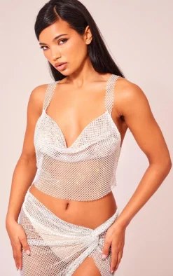 Outlet PrettyLittleThing Diamante Cowl Neck Top White