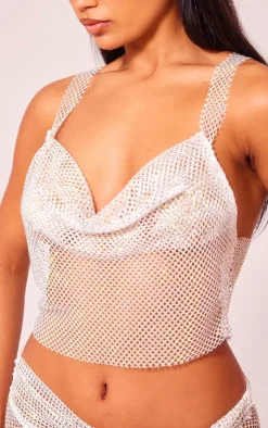 Outlet PrettyLittleThing Diamante Cowl Neck Top White