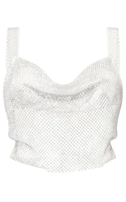 Outlet PrettyLittleThing Diamante Cowl Neck Top White