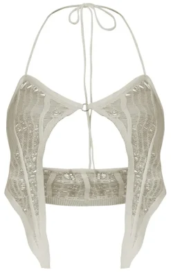 New PrettyLittleThing Distressed Asymmetric Hem Ring Knit Bralet White