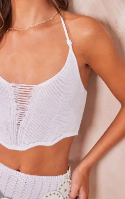 Hot PrettyLittleThing Distressed Ladder Crochet Knit Bralet White