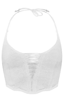 Hot PrettyLittleThing Distressed Ladder Crochet Knit Bralet White