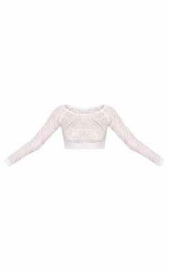 Online PrettyLittleThing Distressed Textured Knit Long Sleeve Crop Top White