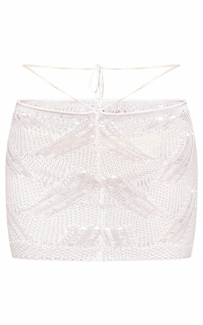 White Distressed Textured Knit Tie Waist Skirt