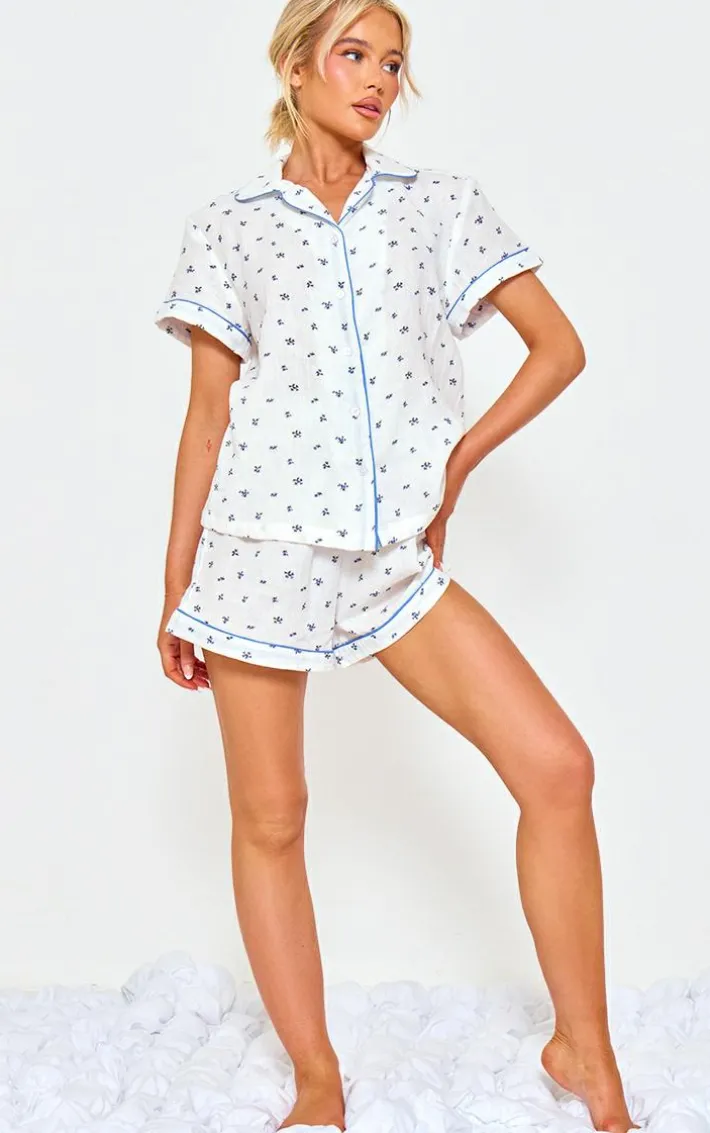 White Ditsy Floral Double Gauze Short Sleeve Shirt And Short Pj Set