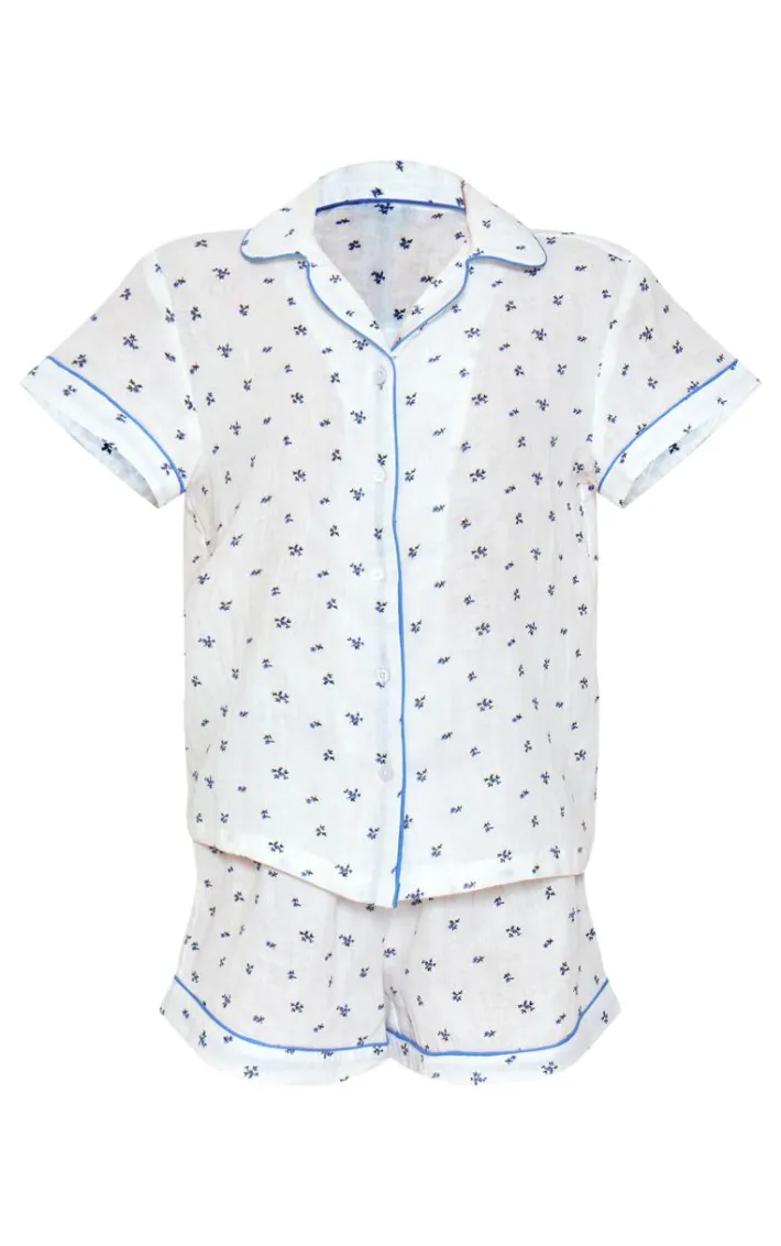 White Ditsy Floral Double Gauze Short Sleeve Shirt And Short Pj Set