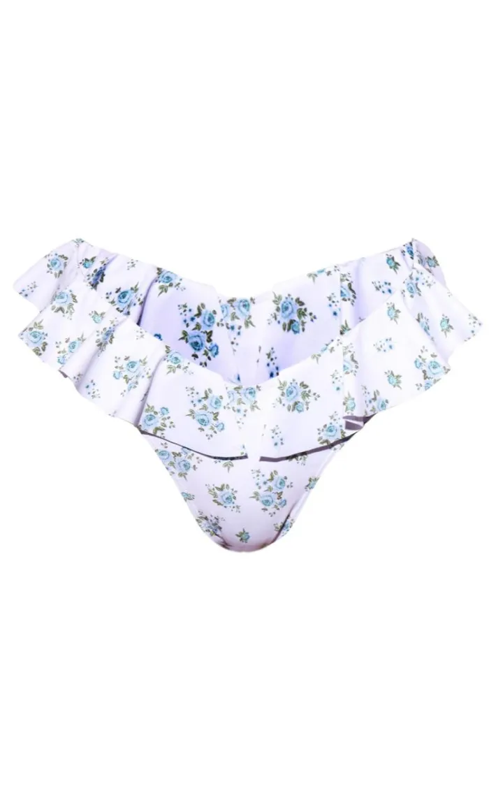 White Ditsy Floral Frill Bikini Bottoms