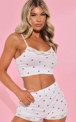PrettyLittleThing Christmas Shop*Ditsy Heart Print Jersey Lace Trim Short PJ Set