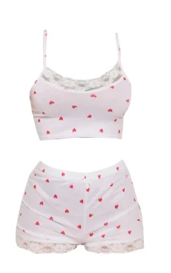 PrettyLittleThing Christmas Shop*Ditsy Heart Print Jersey Lace Trim Short PJ Set