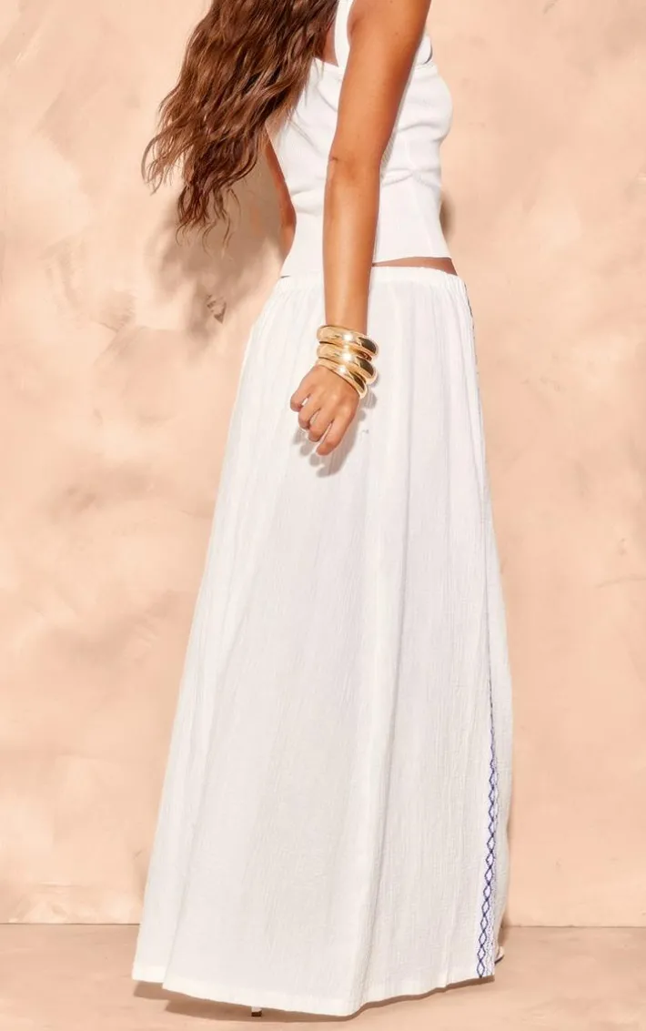 White Embroidered Cheesecloth Drawstring Maxi Skirt