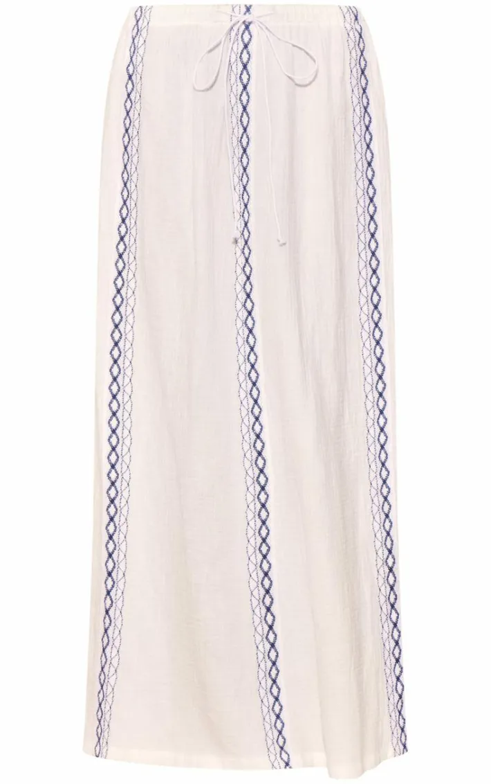 White Embroidered Cheesecloth Drawstring Maxi Skirt