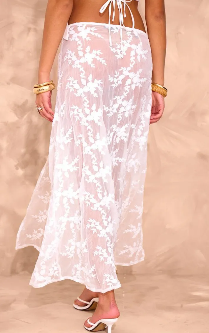 White Embroidered Chiffon Maxi Skirt
