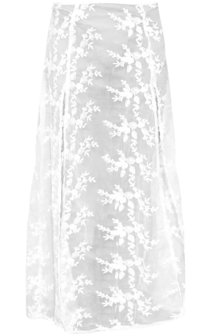 White Embroidered Chiffon Maxi Skirt