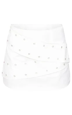 Clearance PrettyLittleThing Eyelet Detail Twill Layered Micro Mini Skirt White
