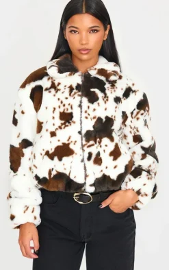 PrettyLittleThing Faux Fur Coats*Faux Fur Cow Print Zip Jacket